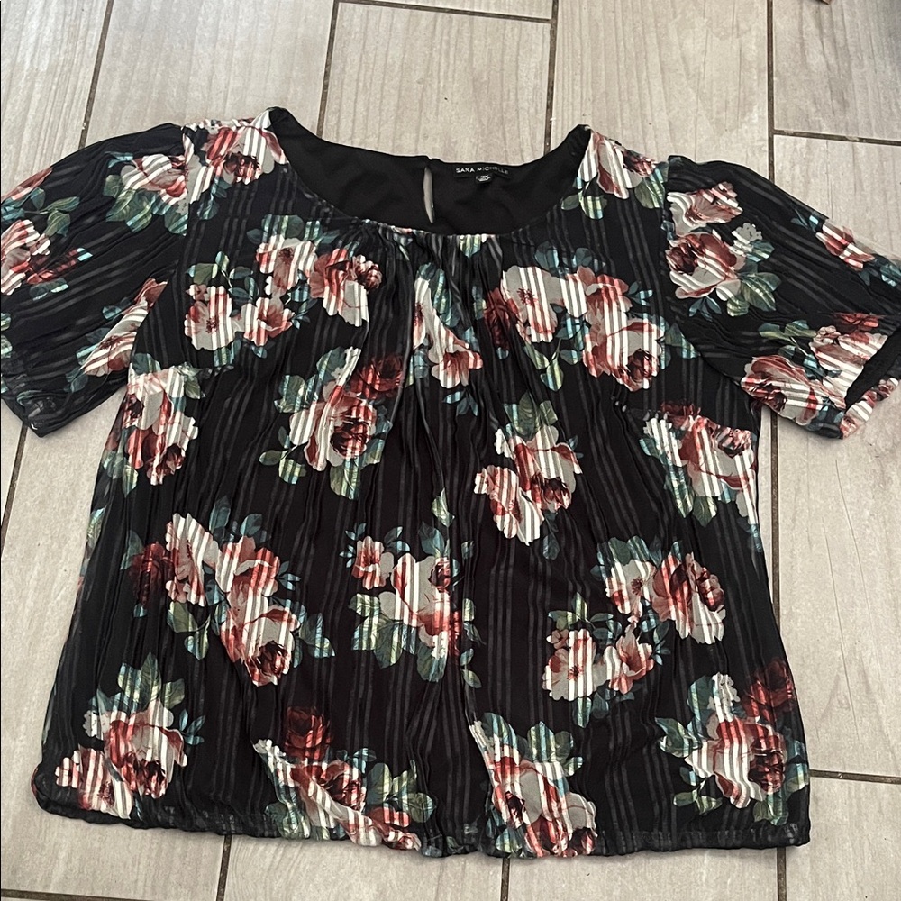 Sara Michelle Black Blouse with Red and Green Floral Pattern
